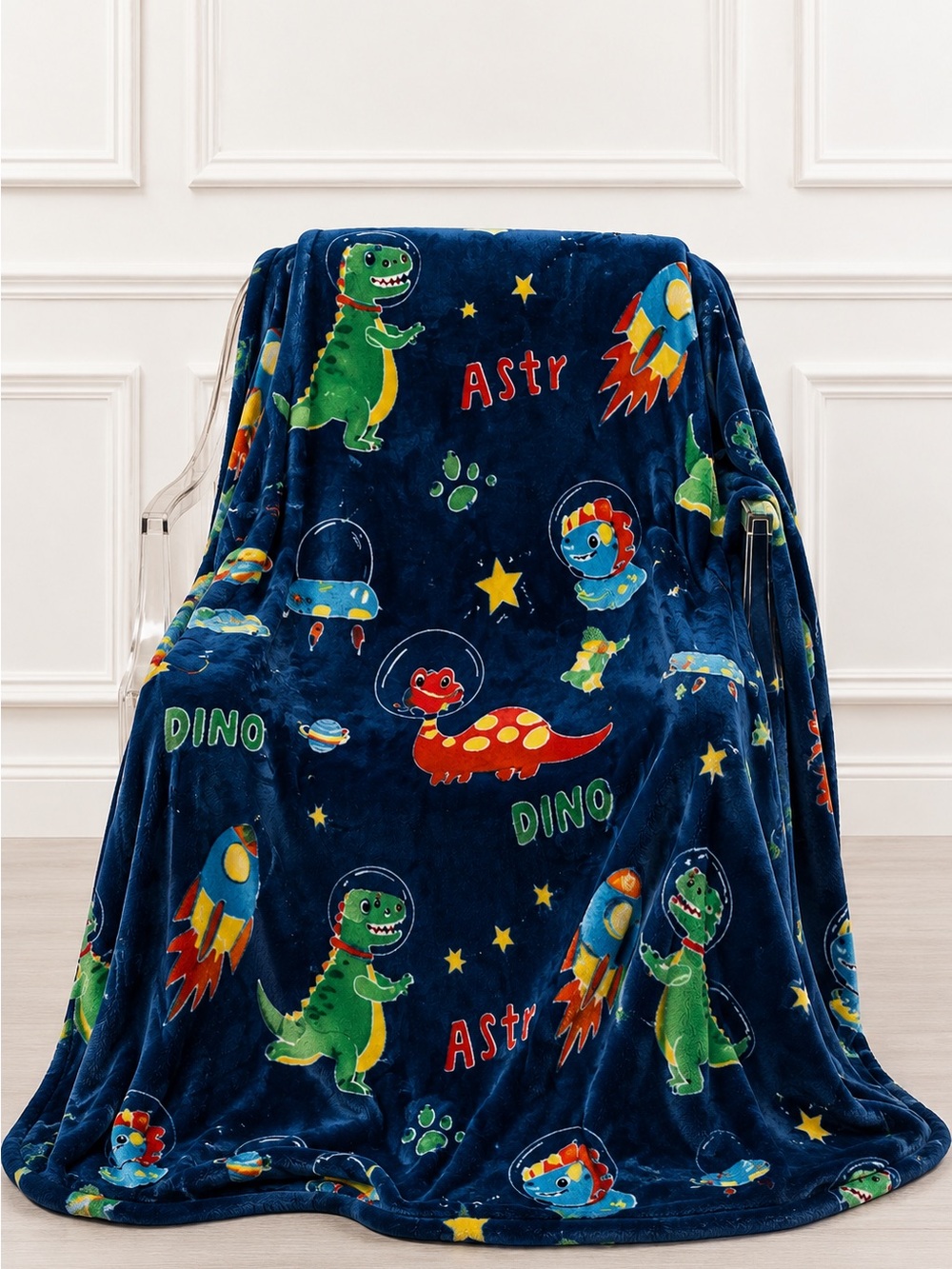 Source Unknown Navy Blue Dino Astronaut Plush Throw Blanket